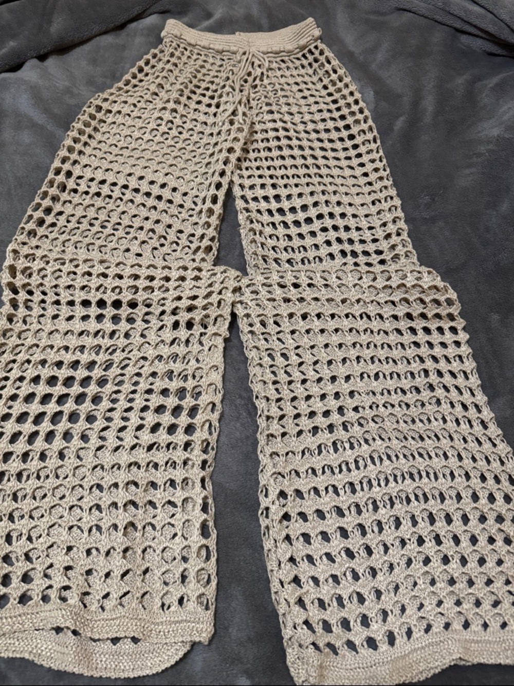 Beige Crochet Wide-Leg Knit Pants